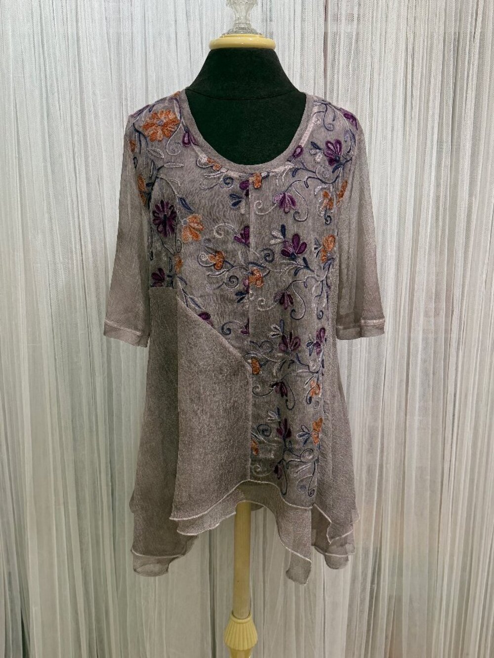 Pretty Angel Women's L Silk Blend Embroidered Floral Tunic Top Lagenlook Mauve